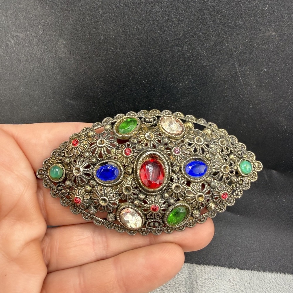 Vintage Estate Brooch Gold Tone Art Deco Rhinestone Filigree Multicolor READ
